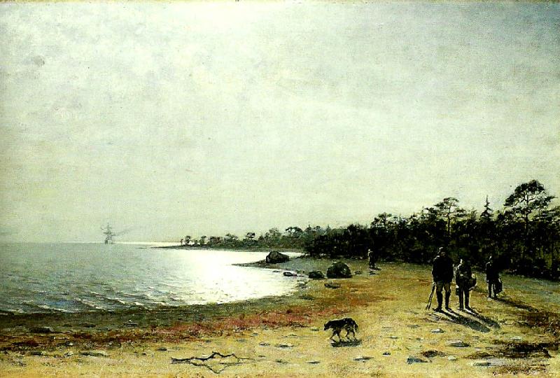 Eugene Jansson kustlandskap med figurer och hund pa sandstrand